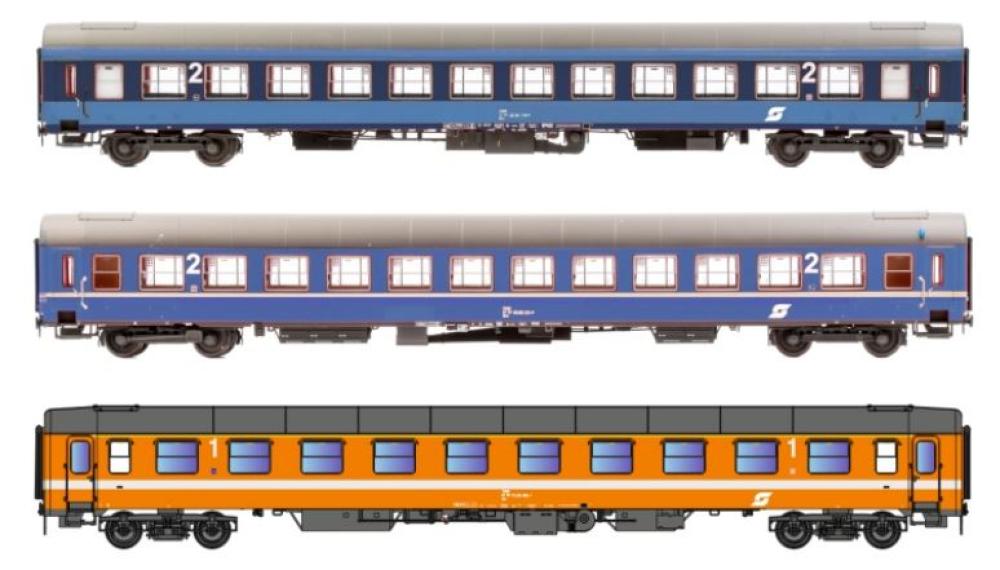 Jägerndorfer 90506: Limitiertes ÖBB UIC-X Set, blau/hellblau, dunkelblau und orange, limitiert 120 Sets, Spur H0