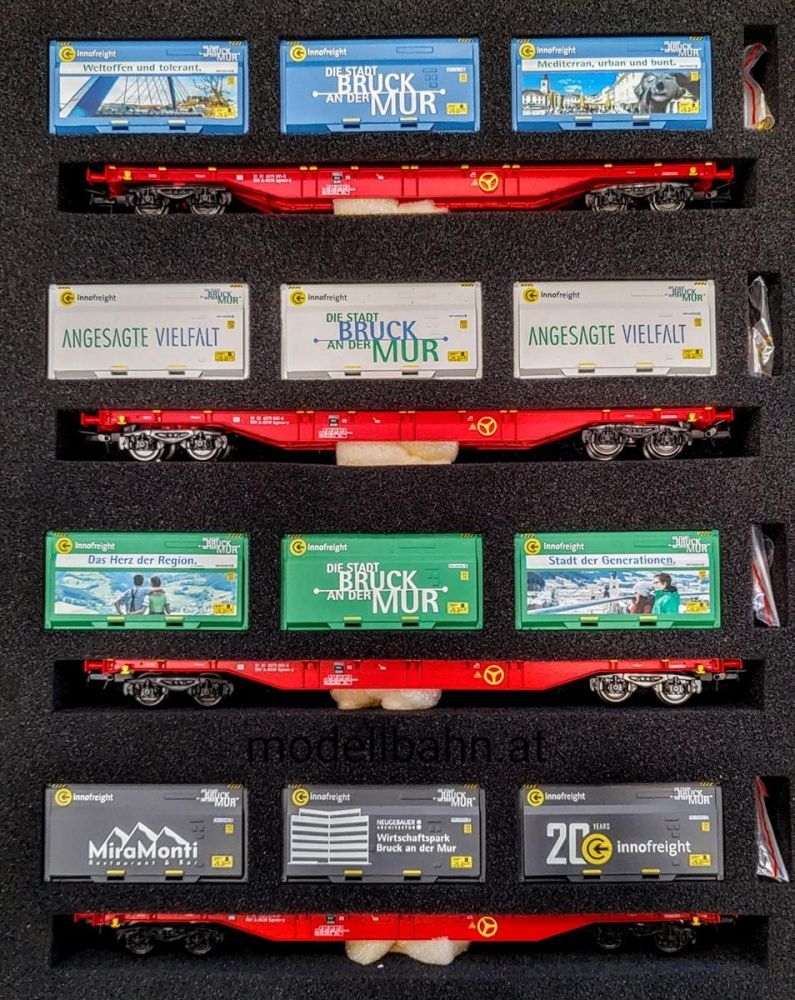 B-Models: 1:87 Jubiläumsmodell "Brucker Zug" - Spur H0 RCW / Innofreight 4er-Containertragwagen-Set, Epoche VI, Sondermodell zum 20-Jubiläum der Firma Innofreight