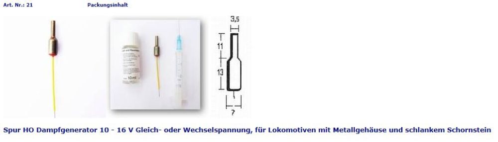 Seuthe 21: HO Dampfgenerator 10-16 V für Loks mit Metallgehäuse u. schlankem Schornstein AC +DC
