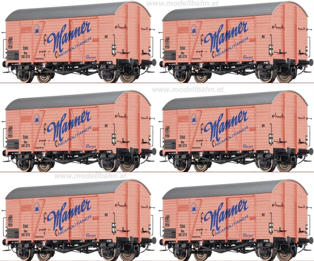 Brawa 50903_6: H0 Gedeckter Güterwagen Gms "Manner" ÖBB, Epoche III, AT, Spur H0 1:87, Vorteilsset, SPARSET