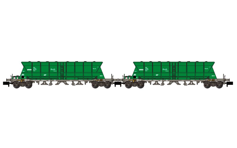 Arnold 6670: RENFE Mercancías, 2-tlg. Set vierachsiger Selbstentladewagen der Bauart Faoos, grüne Farbgebung, Ep.V-VI, Spur N