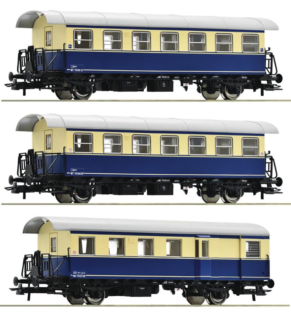 Roco 74192: ÖBB Spantenwagen 3-teiliges Set, zwei Wagen mit Übersetzfenstern, Gattung Bi und einem Wagen mit Gepäckabteil, Gattung BD, in blau/beiger Lackierung, Ep. 4 --  H0