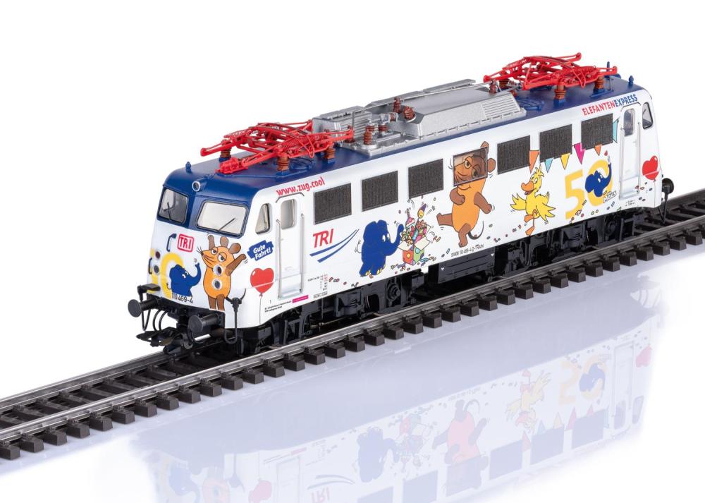 Trix H0 22611: Sondermodell "Sendung mit der Maus" Elektrolokomotive Baureihe 110 der Train Rental GmbH (TRI), einmalige Serie zum 50. Geburtstag des Elefanten, 1:87, DCC Digital + Sound, Stromabnehmer digital heb-&senkbar