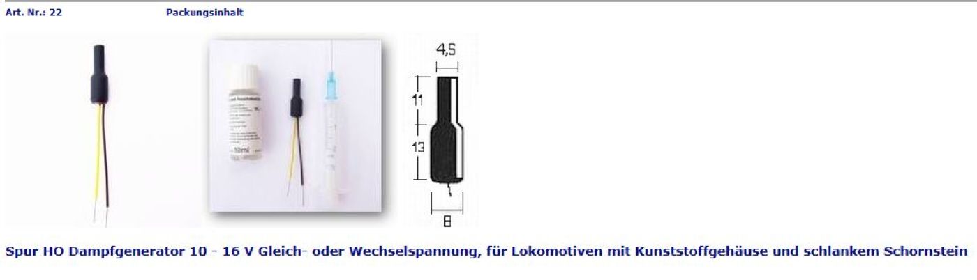 Seuthe 22: HO Steck-Dampfgenerator für AC+DC für Loks mit Kunststoffgehäuse u. schlankem Schornstein 10-16 V