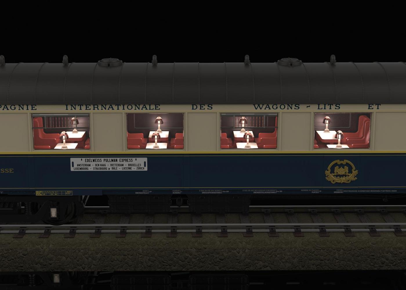 Trix 26470: Pullmanwagen-Set „Edelweiß“, passend zu Serie 13 EST (241-A), 1:87, mit Innenbeleuchtung + beleuchtete Tischlampen, Zugschlussbeleuchtung, DCC